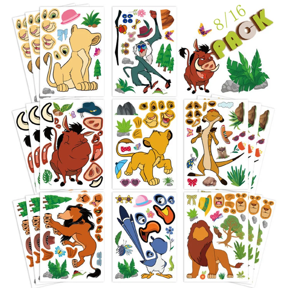 8/16 listov Disney Lion King Children Puzzle Stickers Make-A-Face Funny Zhromaždenie Jigsaw DIY Nálepky pre deti Vzdelávacie hračky