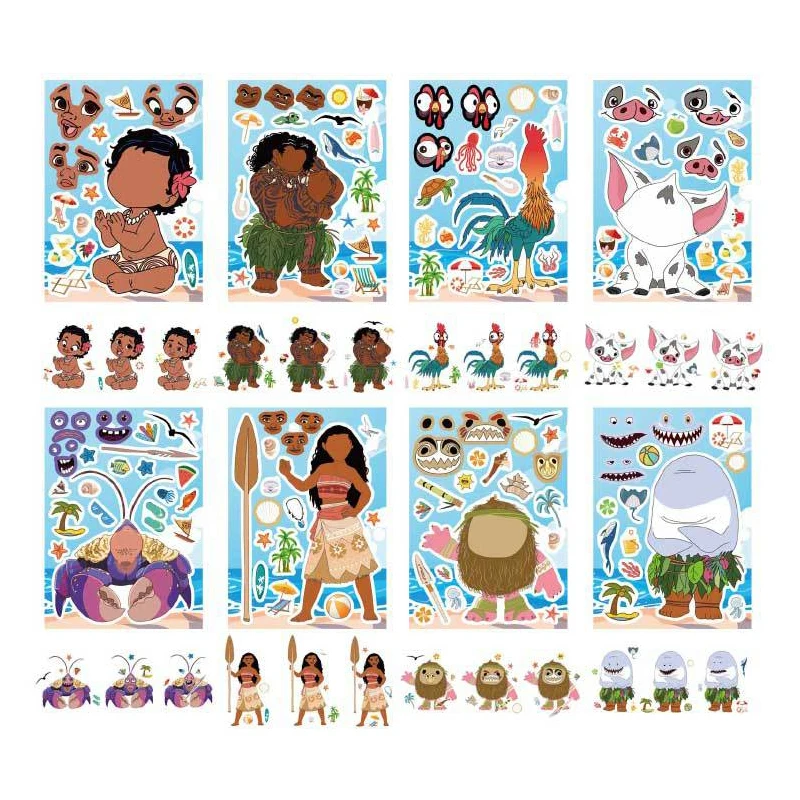 8/16 listov Funny Disney Moana Vyrobte si nálepky na skladanie na tvár Deti si robte vlastnú domácu hru deti karikatúry Jigsaw Education Toy Gift