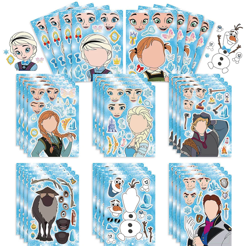 8/16Sety Disney Frozen Puzzle Stickers Vytvorte si tvár Vytvorte si vlastnú Elsa Olaf Anna Kids Hray Hray Zhromaždenie hry Detská párty s Jigsaw