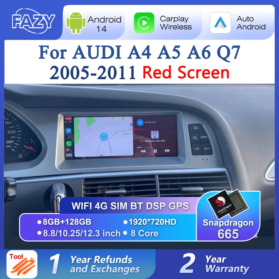 8,8/10,25/12,3 palca Android 14 Auto Radio Player CarPlay pre Audi A4 A5 A6 A6 Q7 MMI 2G Basic Red Screen GPS navigácia DSP stereo