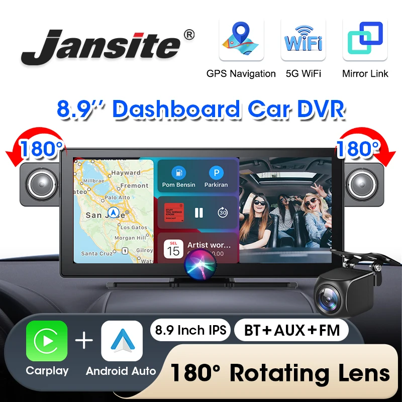8.9 '' Dash Cam predná strana vo vnútri CarPlay a Android Auto 4K DVR 180 Rotačný objektív Video Recorder Dashboard Dual Len 24H Park Aux