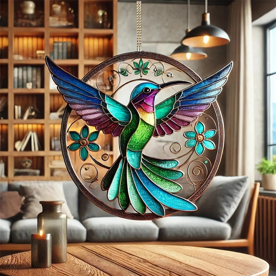 8 cm akryl 2d plochý farebný kolibrík visí prívesok Wind Chime Suncatcher Domáce okno Ornament Garden Decor Decotion Decorácie