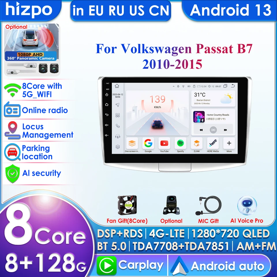 8 GB+128 GB Android 13 Aut Radio Multimedia Video Player pre Passat B7 B6 CC 2010-2015 AI hlasové ovládanie navigácie GPS CARPLAY 4G 4G