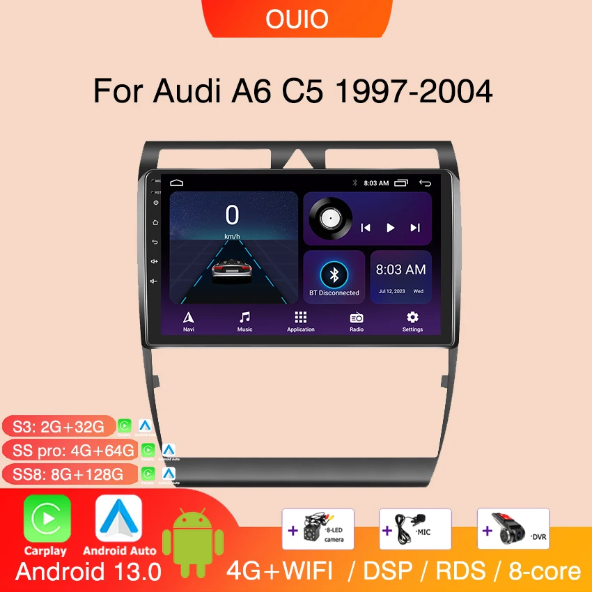 8 GB+128 GB Android 13 Radio pre Audi A6 C5 1997-2004 Automobilie Multimedia Video Player CARPLAY AUTO GPS Navigation 2DIN NO DVD
