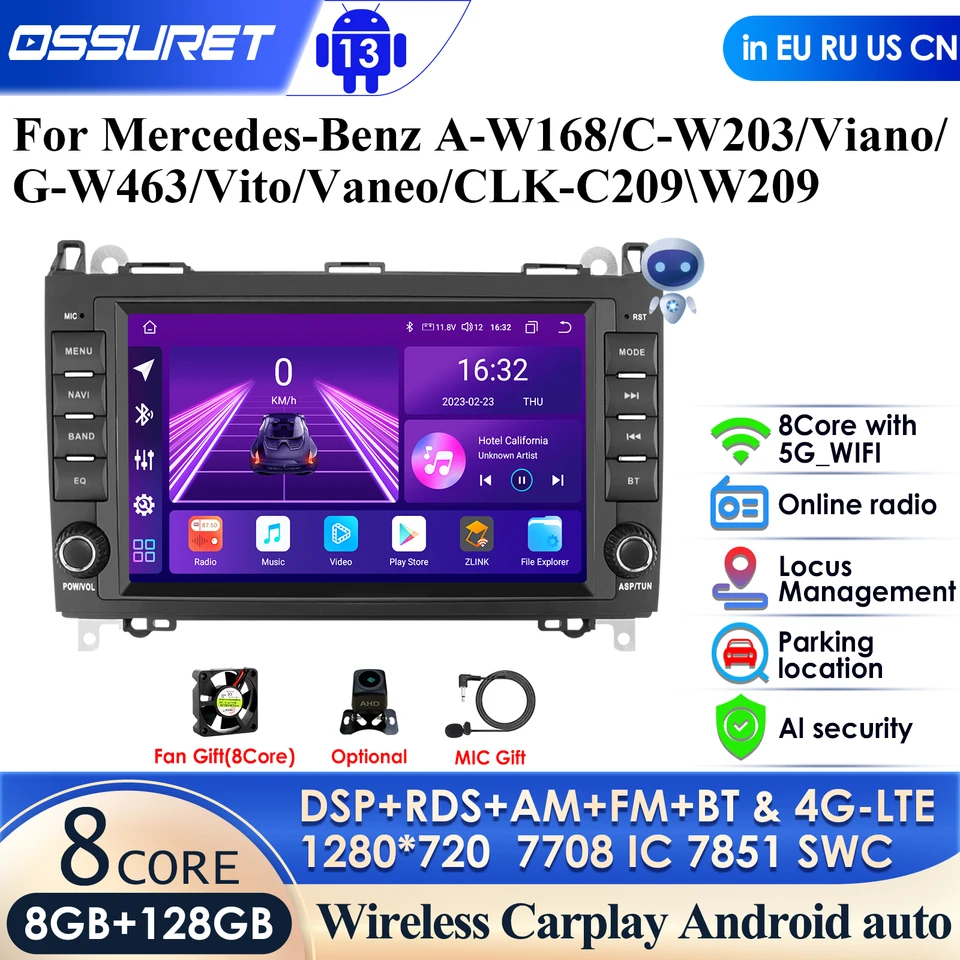 8 GB 128 GB CarPlay 4G-LTE Android 12 Aut Radio pre Mercedes Benz B200 Sprinter W906 W639 AB Class W169 W245 Viano Vito GPS DSP BT