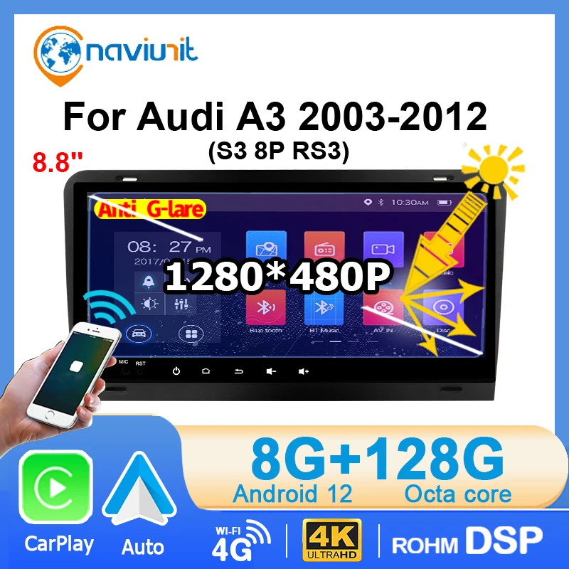 8 GB 128 GB CarPlay Android 12 Auto Stereo Car Radio GPS multimediálny hráč 4G BT 2 DIN pre Audi A3 8p S3 RS3 Sportback 2003-2012