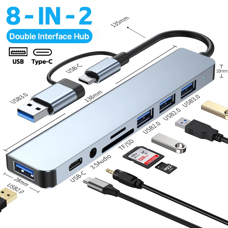 8 In 2 USB A Typ C Concentrator Docking Station Multi-Adapter Card Reader Audio Multi-Hub Dock Splitter pre notebooky MacBook