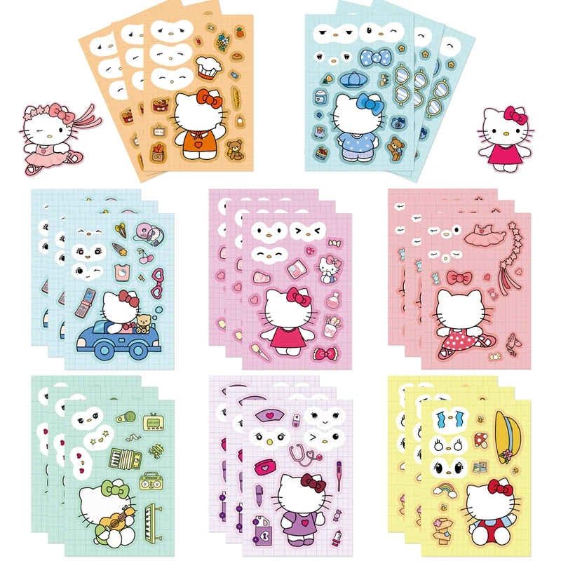 8 listov Hello Kitty Puzzle Stickers Sanrio Vyrobte si nálepku na tvár Kawaii Karika