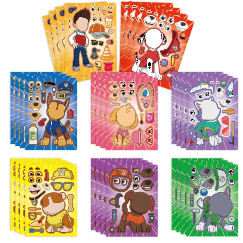 8 listov Paw Patrol Ryder anime nálepky Make-A-Face Zostavujú vtipné prenasledovanie DIY Nálepky Zostavte Jigsaw Detské dievčatá narodeniny darček