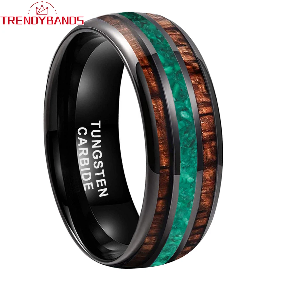 8 mm mužov Ženy volfrámový prsteň Malachite koa drevené drevené zásnubné zásnubné svadobné kapely módne šperky kupolované leštené pohodlie fit