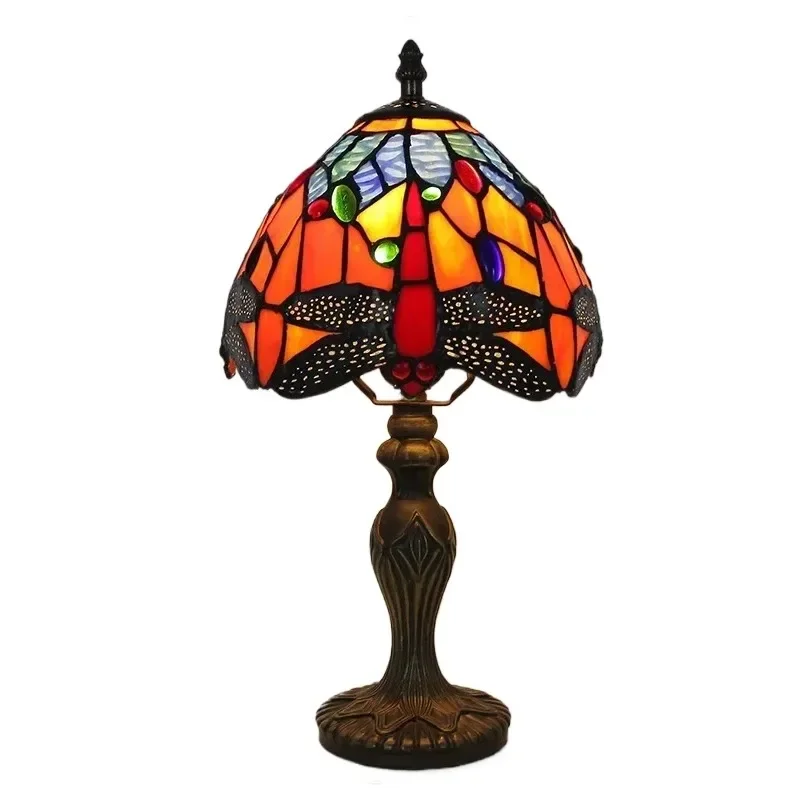 8 -palcový európsky klasický kostol domov dekor farebné sklo Dragonfly modrá lampa spálňa lôžko Tiffany Art stolová lampa