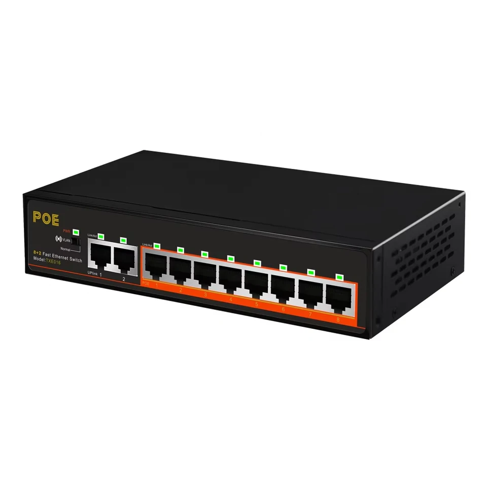 8 port 100 Mbps Poe Vstavaný napájací zdroj 48V 52V 2-Uplinks Port