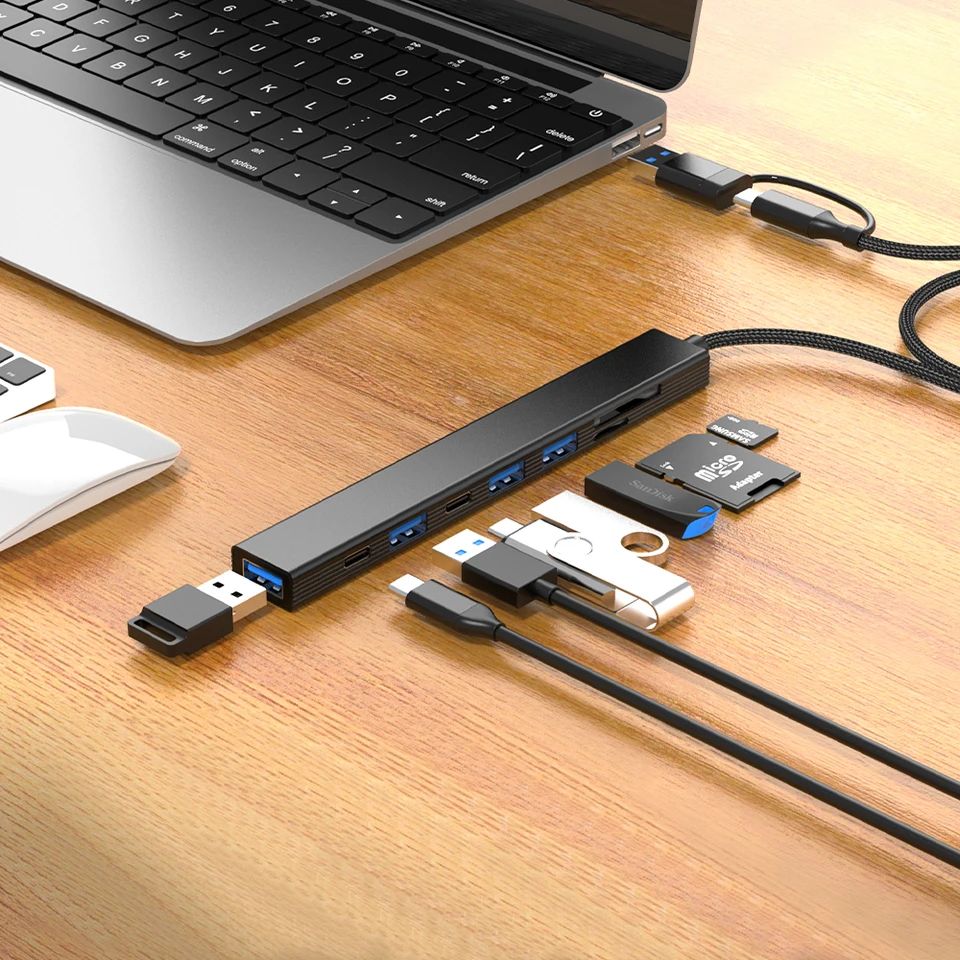 8 portov USB 3.0 Hub Double Head USB C Type C S SD Micro SD Card Reader USB2.0 Dáta prenosu káblového kábla Typ C nabíjanie