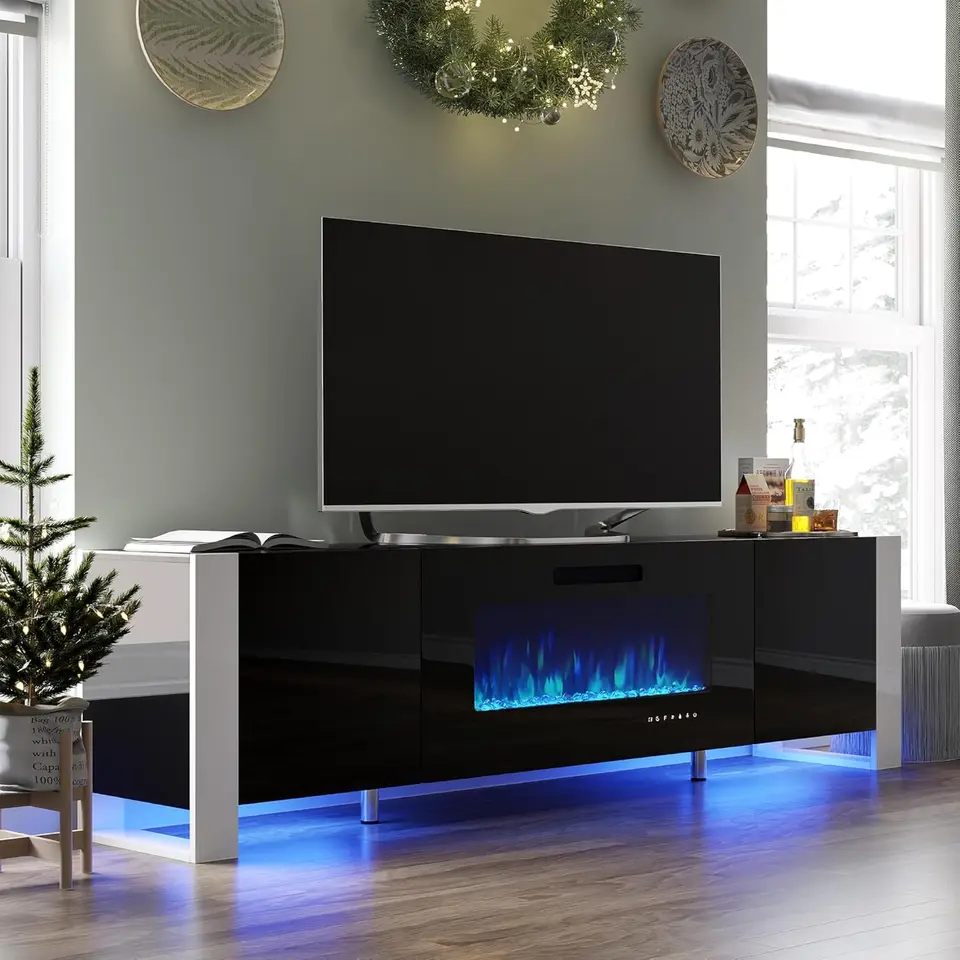 80 krbový televízny stojan so 40 elektrickým krbom High Gloss Entertainment Center s LED svetlami moderný zábava stojan Fo
