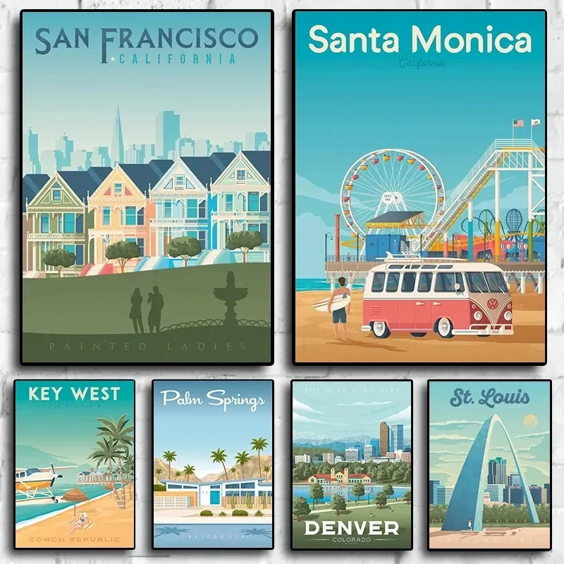 80. roky pop art Spojené štáty cestovné plagáty Amerika mesto City maľba nástenné umenie domov dekorácie dekorácie dekor plátno Canvas Estetic