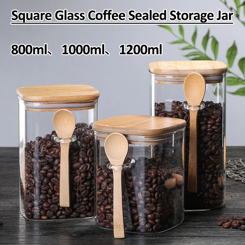 800/1000/1200 ml štvorcový letecký sklenený nádoby s vekom a lyžičkou čajovne kávové zrná kontajner občerstvenie orech
