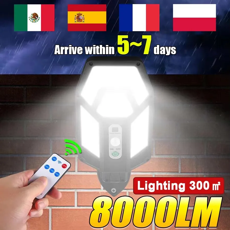 8000lm solárna lampa vonkajšie slnečné snímač slnečného žiarenia 8m diaľkové ovládanie solárne zaostrenie Wall Street Svetlo vodotesná vonkajšia slnečná žiarovka