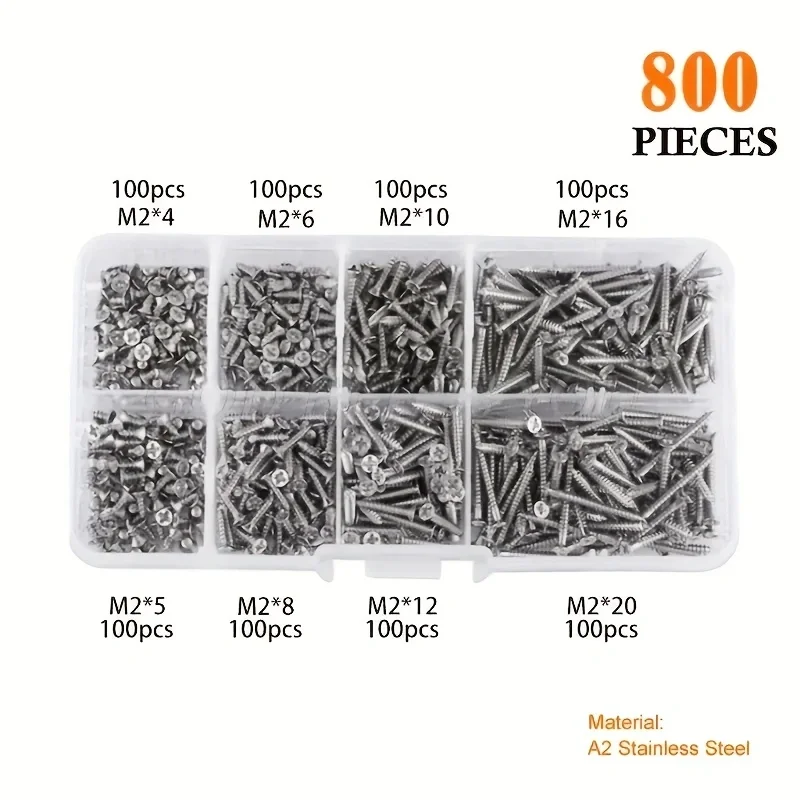 800ks M2 (2 mm) Samolepenie dreva z uhlíkovej ocele Phillips Panva hlavy Služba skrutiek sortimentu M2*4/5/6/8/10/11/11/112/21mm