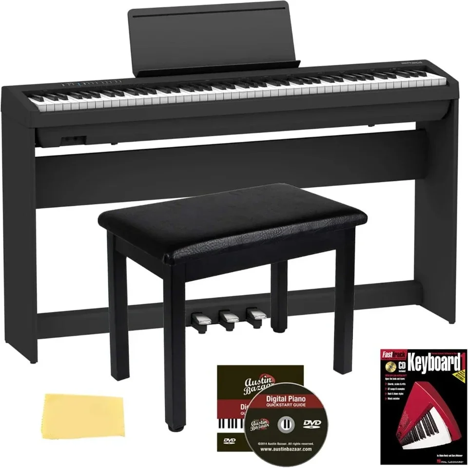 88-key digitálny klavírny čierny zväzok so stojanom KSC-70, KPD-70 Tri pedálová jednotka, lavica, inštruktážna DVD a leštiaca handrička