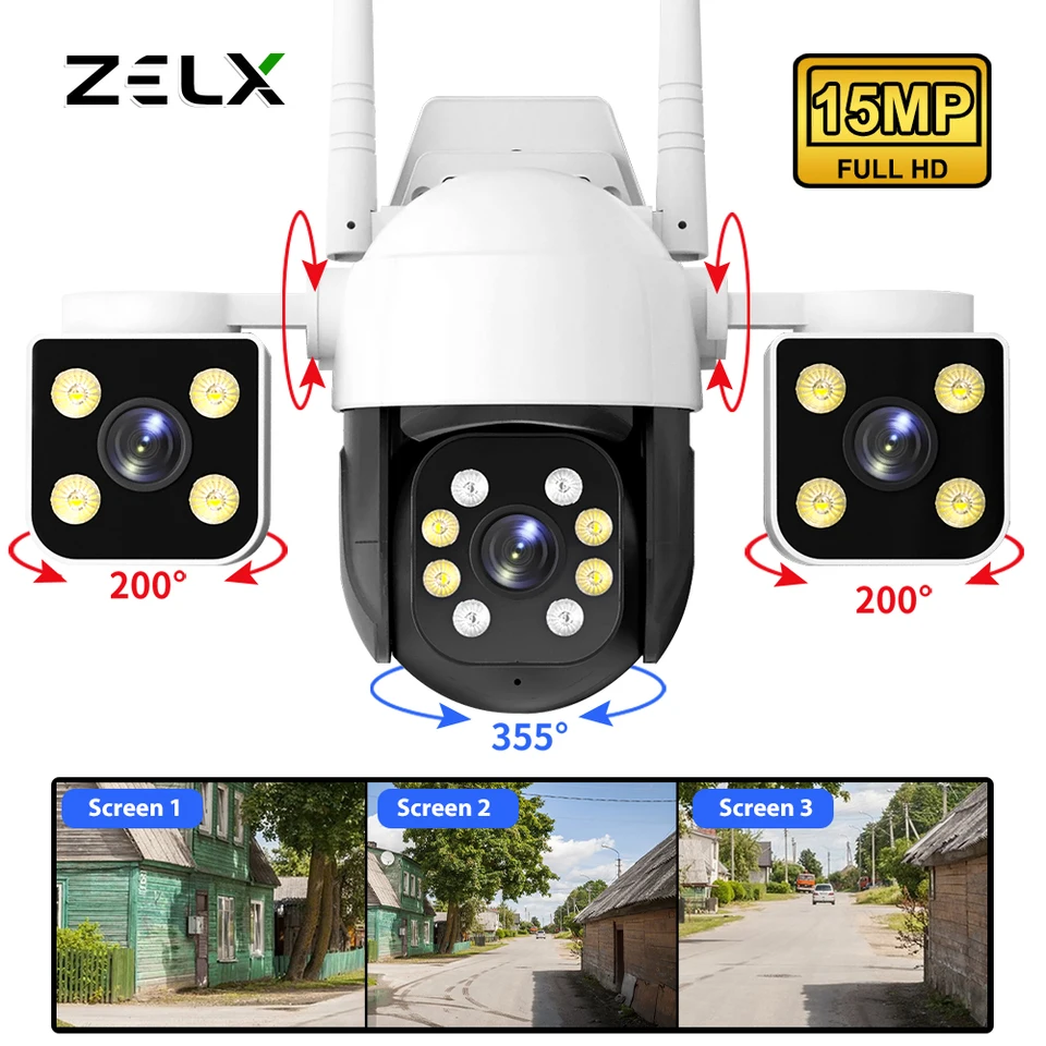 8K 15MP WiFi Camera Outdoor Tri objektív Tri obrazovky PTZ Security Cam Human Detection Wireless Smart CCTV Video Surveillance NVR