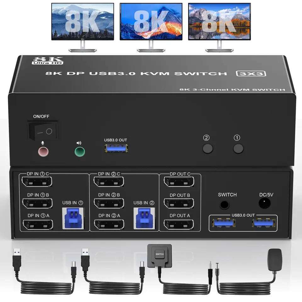 8k@60Hz DisplayPort KVM prepínač USB 3.0 Triple Monitor pre 2 počítač, 8k dp KVM prepínač s Audio 3 USB 3.0 pre klávesovú myš
