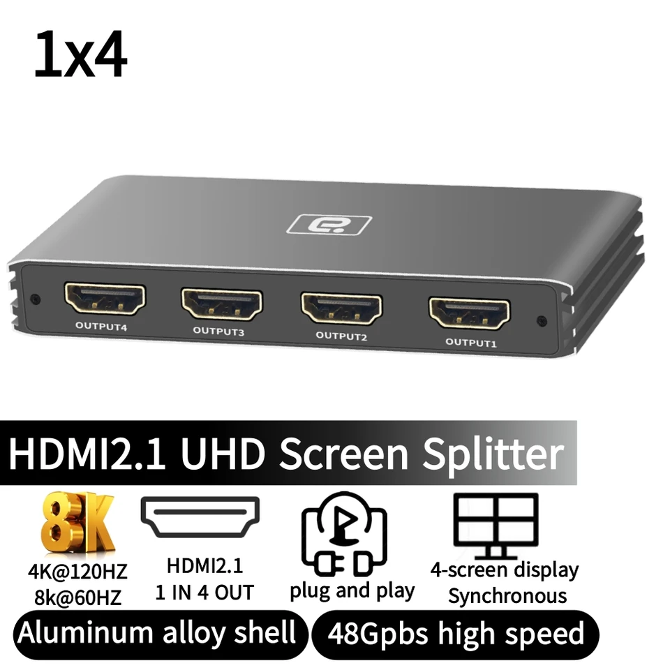 8k@60Hz HDMI2.1 Splitter 1 v 4 out 4K@120Hz 48 Gbps HDCP2.3 DTS AC3 HDR10+ pre 4 ultra HD synchrónne zobrazenie a zrkadlový režim