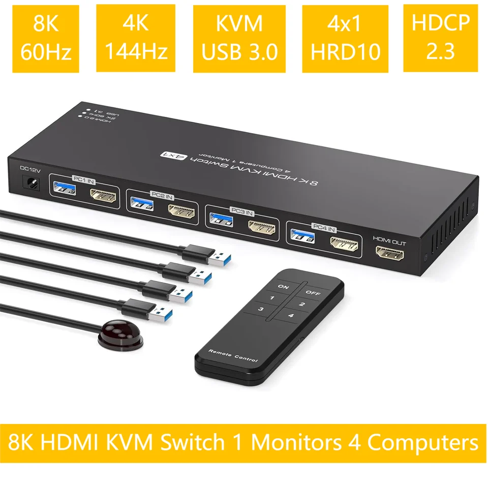 8K HDMI KVM prepínač 1 Monitory 4 počítače 4K@144Hz 4x1 USB 3,0 KVM prepínač pre 4 ks Zdieľať klávesnicu myš HDD False Disk, HDCP 2.3