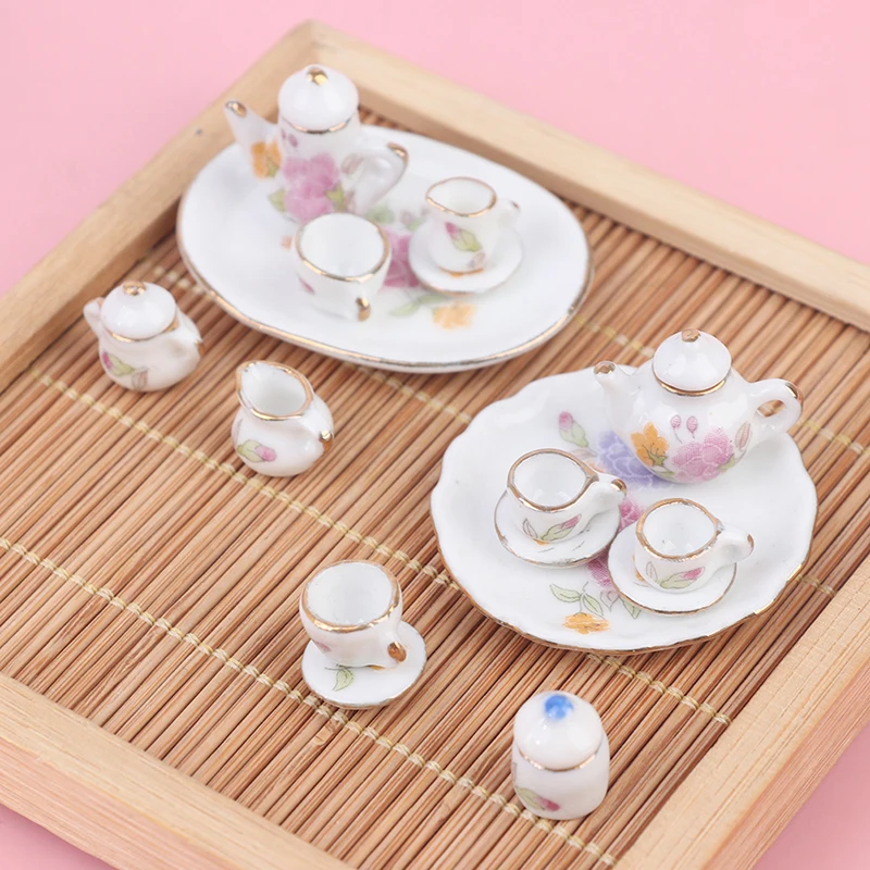 8ks 1/12 Miniatúrny bábikový dom Pink Flower Patten Porcelain Coffee Tea Cup
