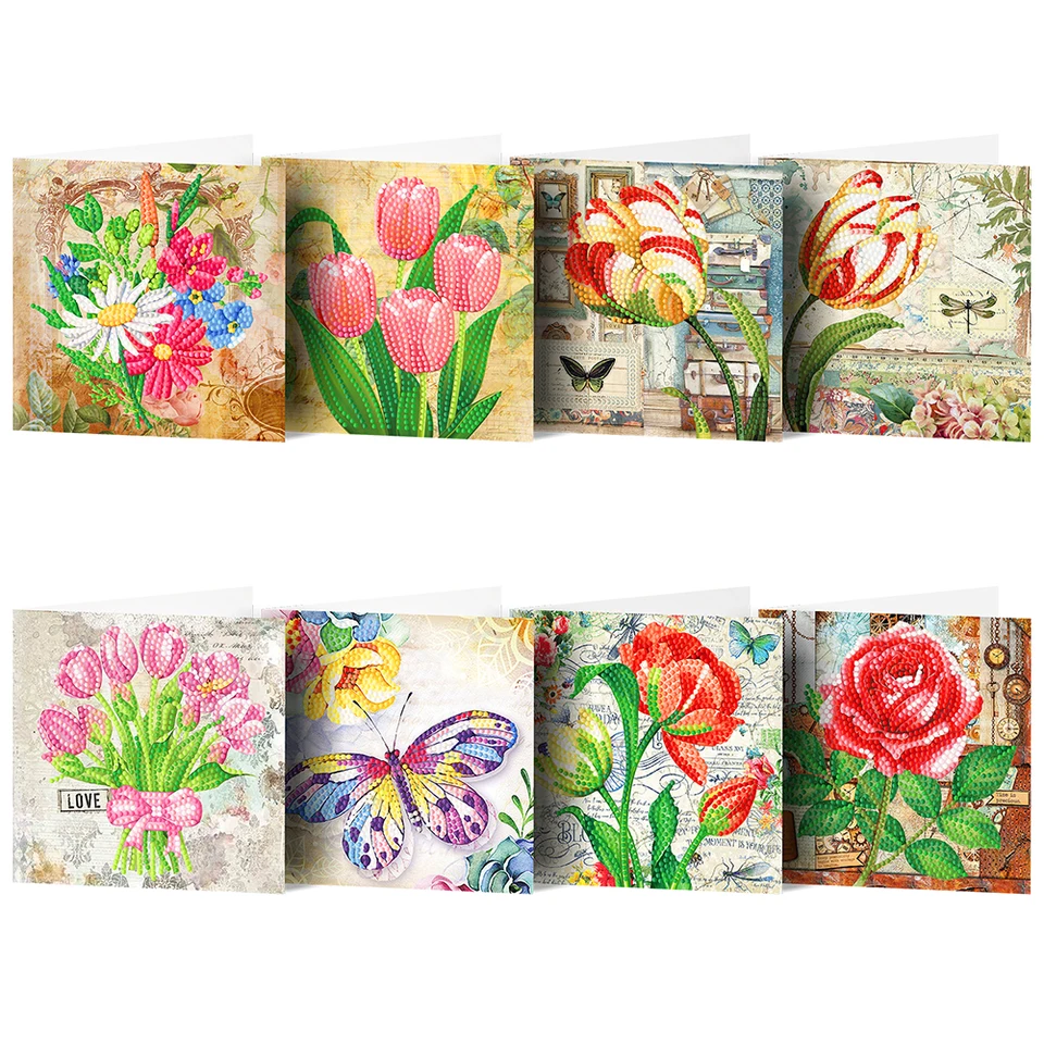 8ks Diamond Painting Card Arts Craft DIY krištáľové diamantové výročie pohľadníc Romantický kvet.