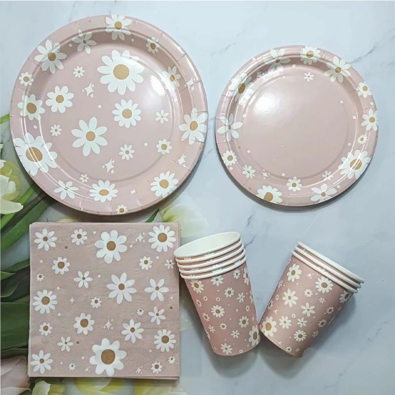 8ks Pink Daisy na jednorazový papierový tanier pohár Stručiaky šťastné narodeniny oslava pre bábätká Svadobná hostina dekorácie Dodávky