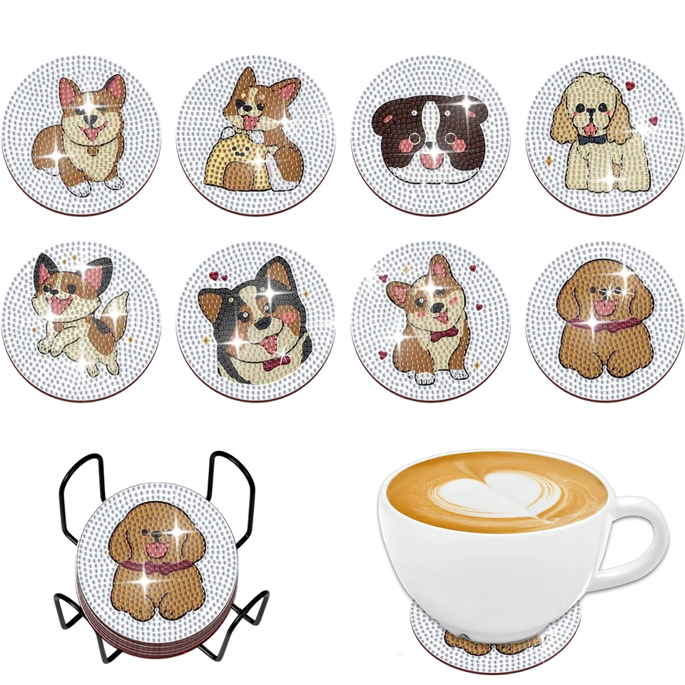 8ks/set DIY Dogs Diamond Painting Coasters s držiak krištáľový kamienok Drevené tácky vtáky Diamond Art Coasters pre dospelých