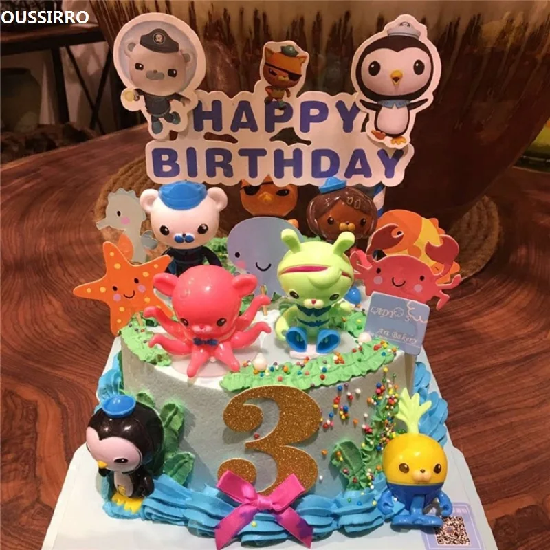 8ks / set Octonauts Action Figures hračky narodeniny darček + morské dno zvieratá (24ks) koláče dekorácie + 1pc koláčová dekorácia vlajka
