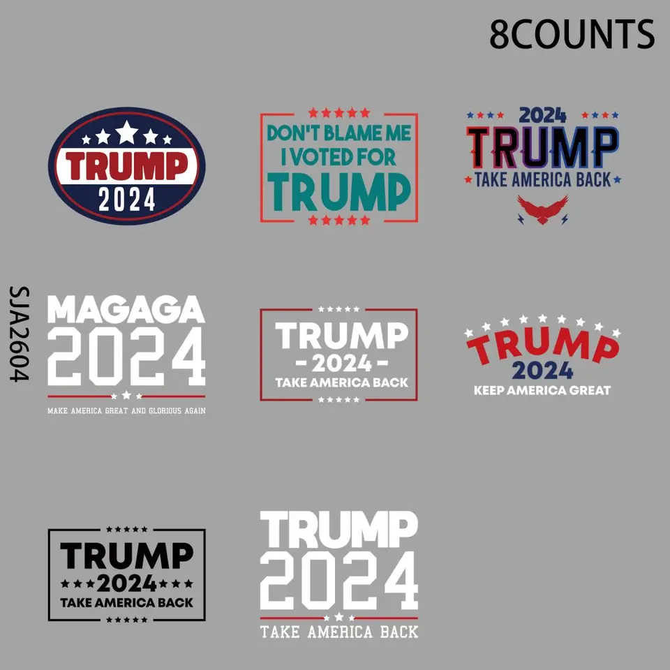 8ks Trump 2024 UV DTF Cope Stumpers, Witerproof Sticker Balíka na zdobenie hrnčekov, šálok, DIY Art Supplies
