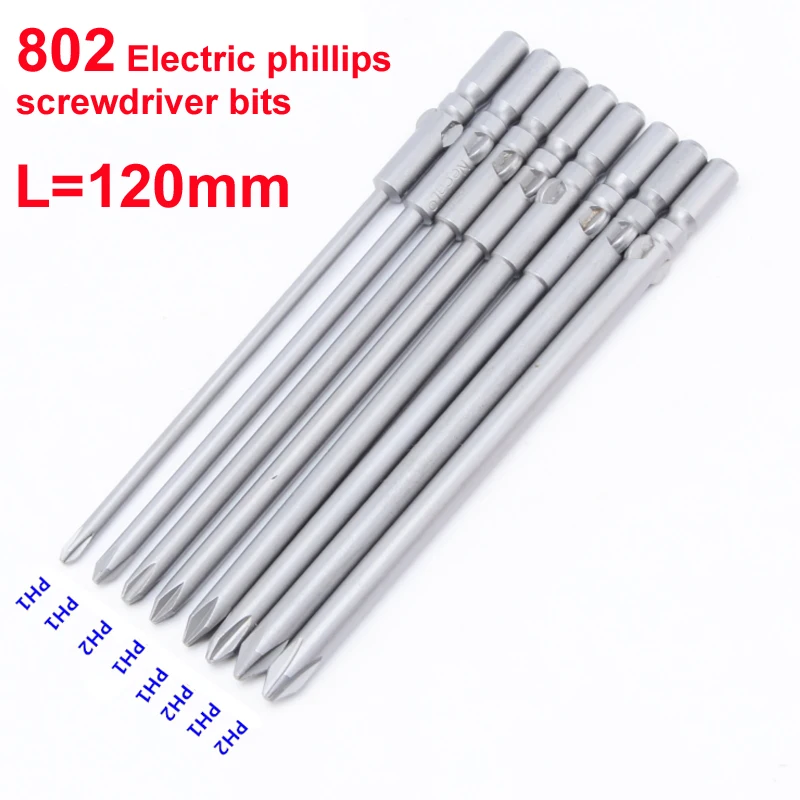8ks/šarža 802 6 mm okrúhle drieku Magnetic Phillips Cross Electric PH2 PH1 Screwdriver Bits 120 mm dĺžka