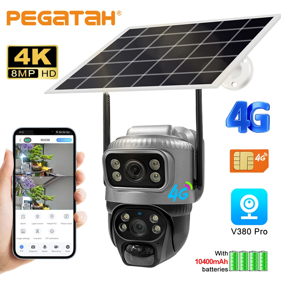 8MP 4K Dual šošovky 4G solárna kamera Pir Night Vision Human Detection HumoProof Video Video IP Camara batéria CCTV Monitor V380