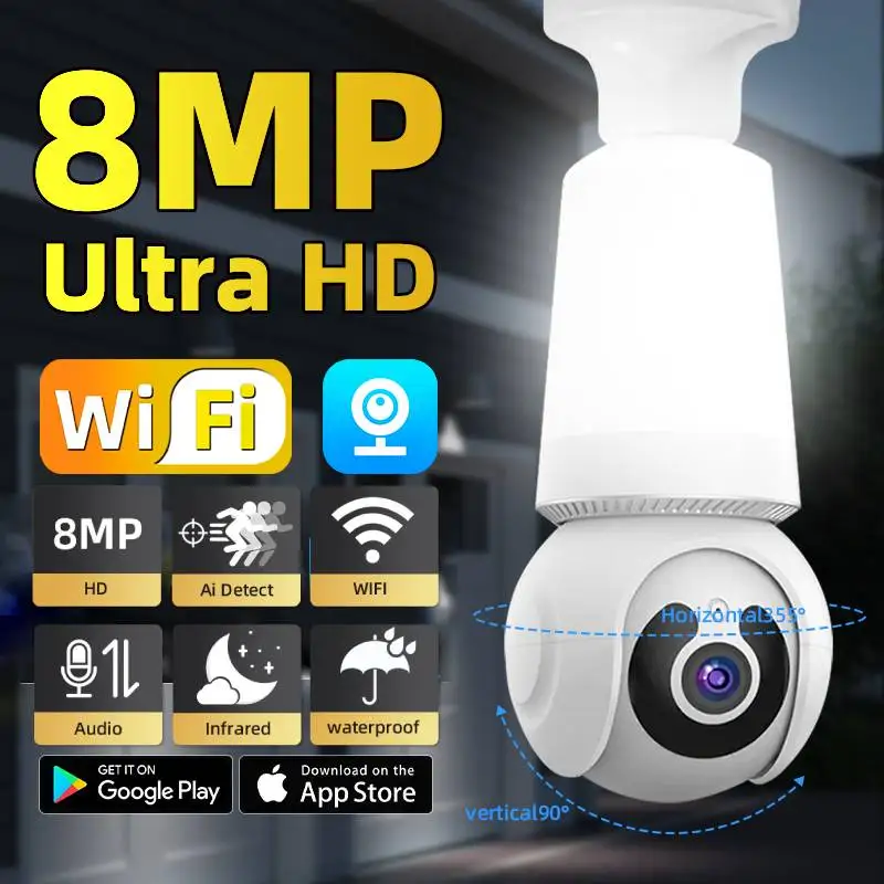 8MP 4K E27 žiarovka Camera WiFi Dohľad s LED žiarovkou Smart Security Sledovanie obojsmerného zvukového nočného videnia CCTV 10X Zoom Camery