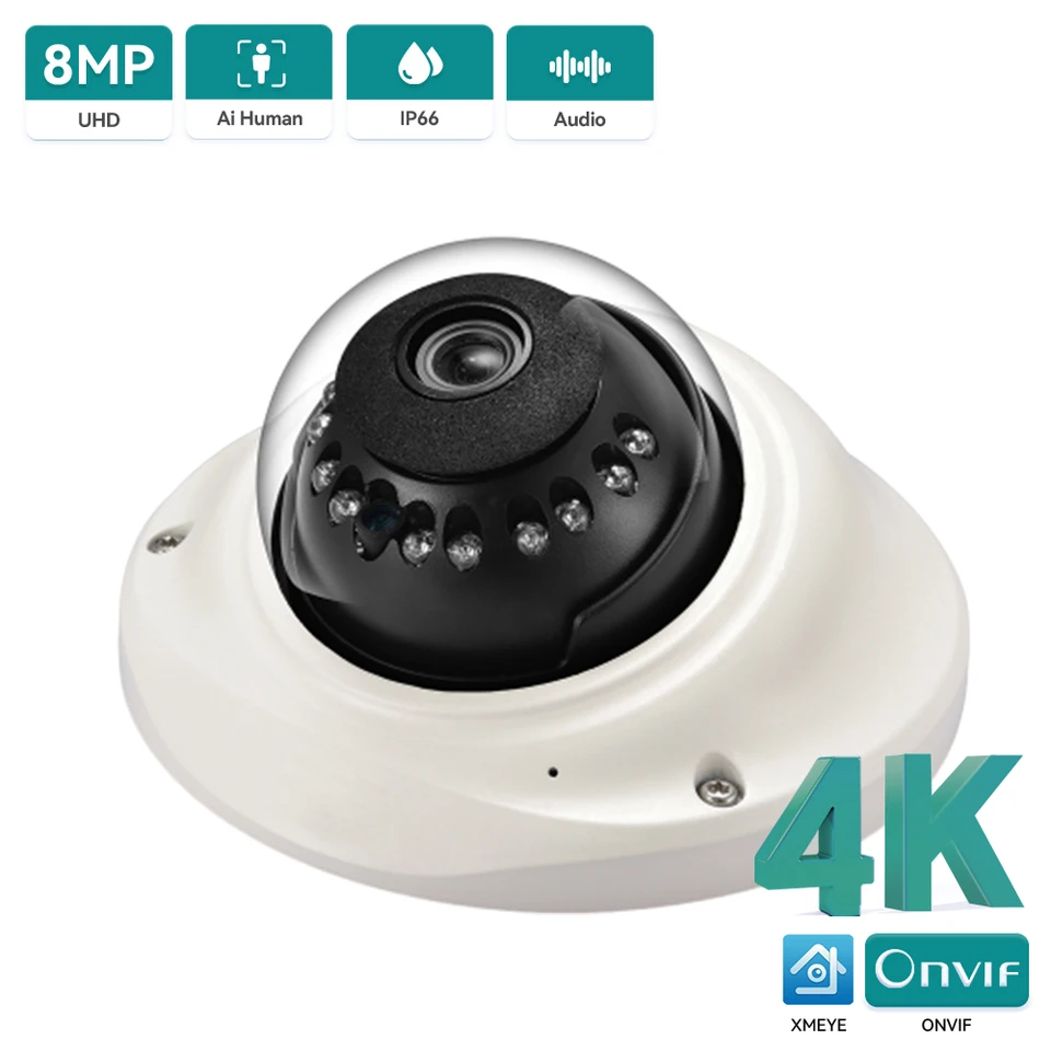 8MP 4K IP fotoaparát HD 1080p Vandal-nepodprevná vodotesná vonkajšia kupolová kamera Audio Record Detection XMEYE H.265