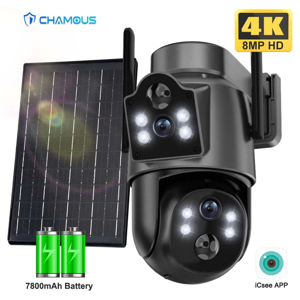 8MP 4K WiFi Solárna kamera Duálne šošovky Duálne obrazovky PIR Human Detection Outdoor bezpečnostné fotoaparáty s batériou videozáznam Cam