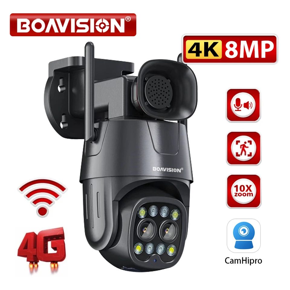 8MP 4MP Outdoor Camera WiFi/4G SIM karta 10x Zoom Dual objektív 2,8 mm-8 mm PTZ AI Human Auto Tracking Dvojcestná audio sledovacia kamera