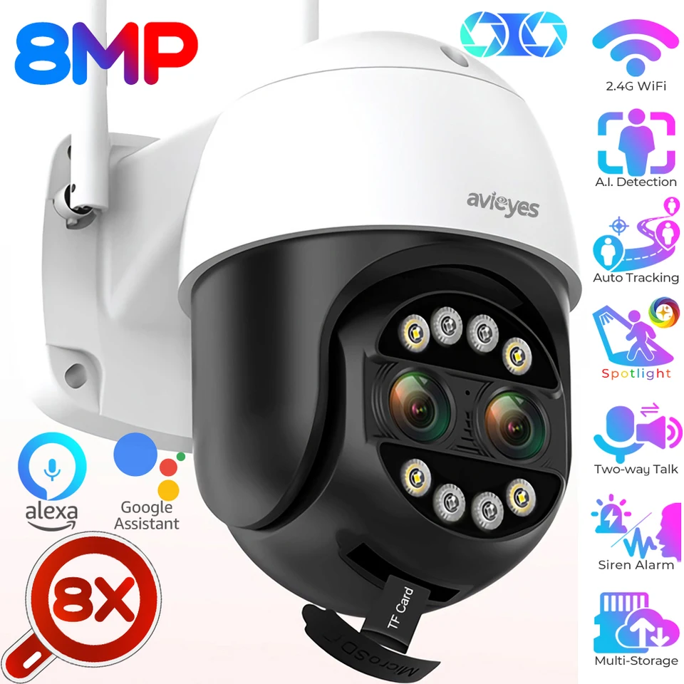 8MP s dvoma šošovkami WiFi PTZ IP fotoaparát Outdoor 8x Hybridné priblíženie Color Night Vision CCTV bezpečnostné kamery Dvojstranný zvukový dohľad prišiel