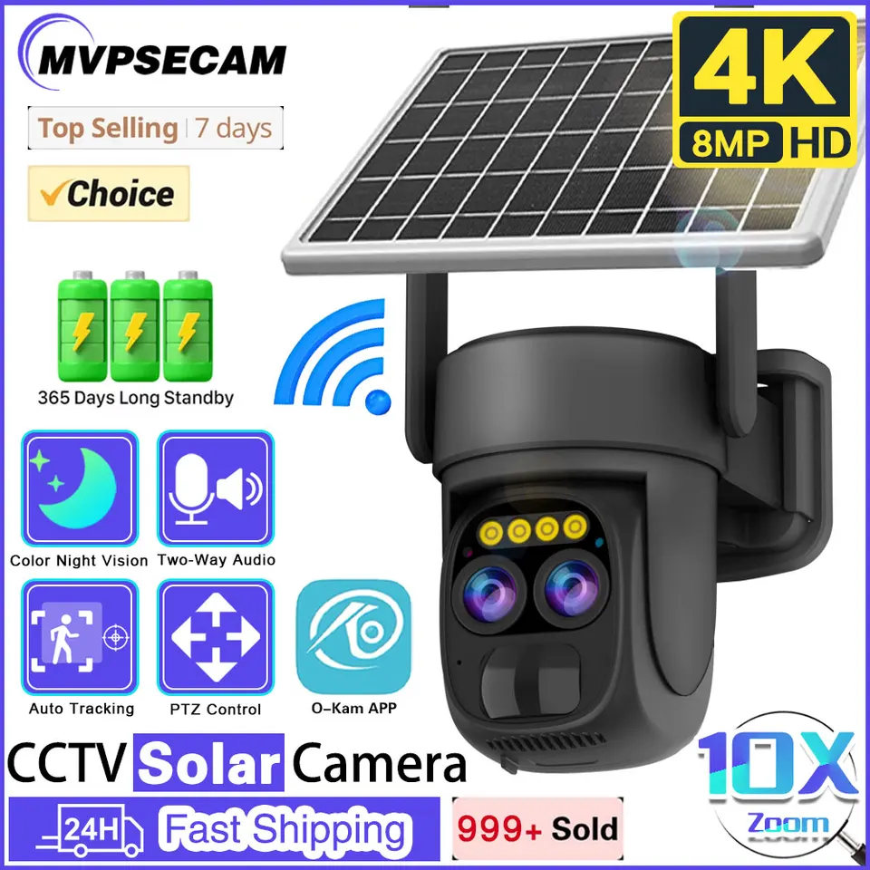 8MP WiFi PTZ Solar Security IP fotoaparát bezdrôtové vonkajšie 4K duálne šošovky 10x Zoom Automatické sledovanie CCTV Sledovanie O-KAM App Camera