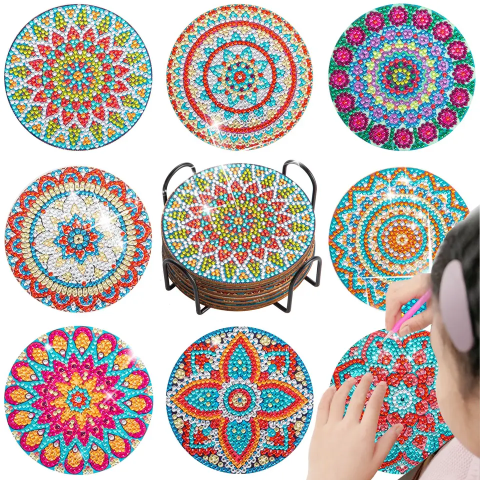 8pc/sety mandala diamantové maľby Coasters DIY Diamond Art Coasters 5D plné vŕtacie diamantové tácky Akrylové okrúhly pohár