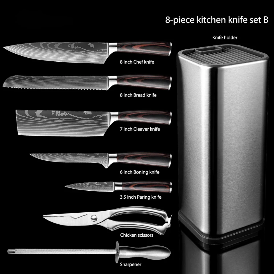 8pcs nôž set s nožom držiak, laser damascus vzor oceľ Profesionálna domáca kuchyňa reštaurácia Hotel šéfkuchár nôž nôž