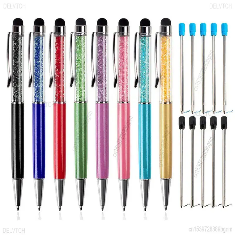8pcs set 2in1 Crystal Diamond Capacitive Touch Stylus Stylus Ballpoint Pen 1,0 mm hrot guľôčkové pero Blue Black Oil Revill Stackery