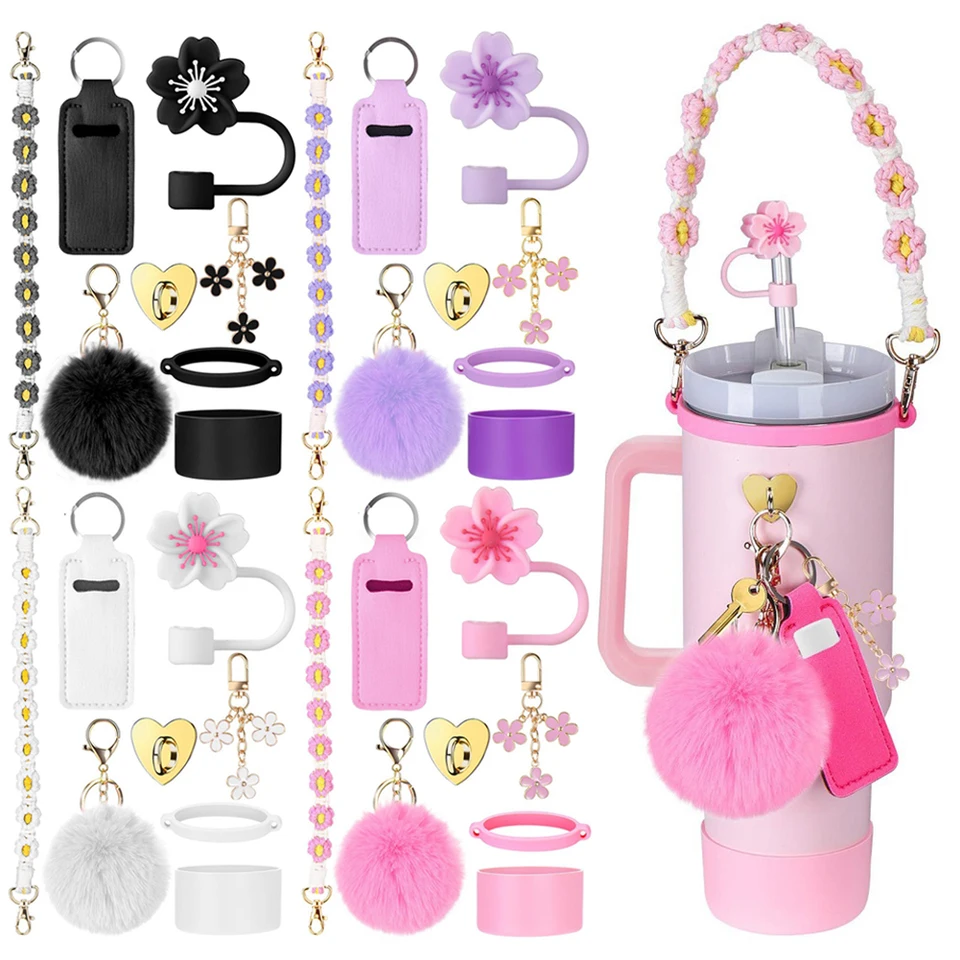 8pcs/set Siliocne Fľaša na fľašu s bitkou Slaw Slaw Hadel rukoväť keychain rúžový vrecko Mini Hook Charms pre Stanley 40oz pohár