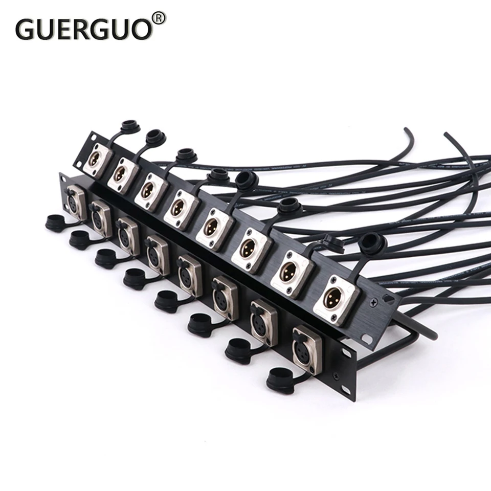 8way kanálový letový puzdro Montáž 1U Rack Panel Panel s nepremokavým XLR D-Type Samecká ženská ženská DJ reproduktorový zvukový kábel zásuvky
