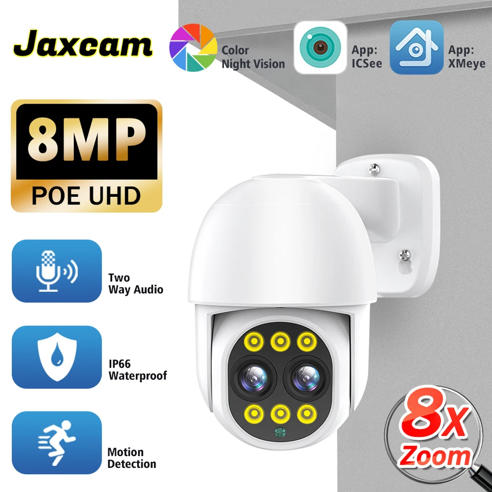 8x Zoom ICSEE 4K 8MP POE IP fotoaparát Outdoor Dual Dual šošovky PTZ bezpečnostná ochrana fotoaparátu Video Monit CCTV Sledovanie P2P nepremokavý