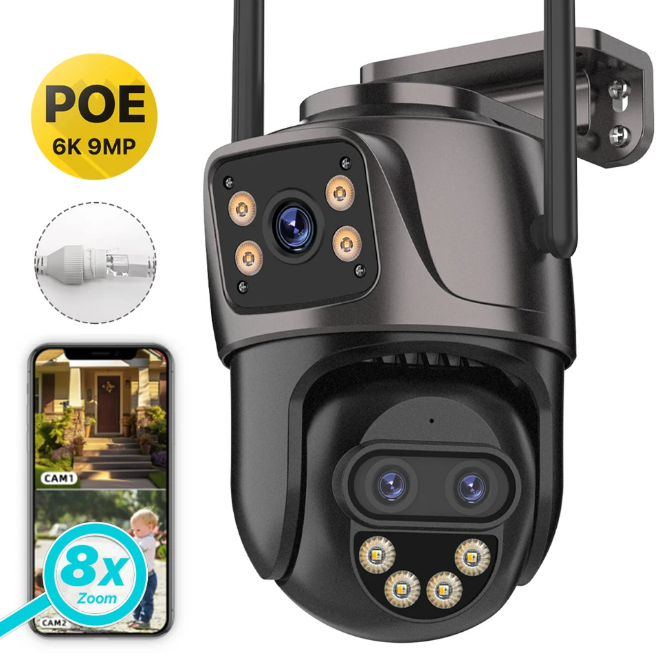 8x Zoom PTZ fotoaparát s Poe WiFi Outdoor IP Camera 6K 9MP HD Tri objektív Duálna obrazovka Sledovanie kamery Automatické sledovanie CCTV ICSEE