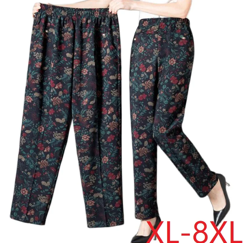 8xl ženských nohavíc stredného veku Nový tlač Elasti High Pass Casual Pants Zimné zamatové teplé priame nohavice nadmorské nohavice