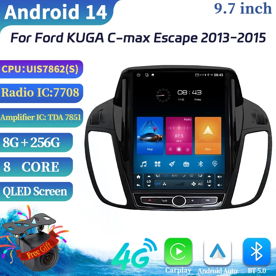 9.7 palca Android 14 Multimédiá pre Ford Kuga C-Max Escape 2013-2015 Autoradio Radio Qled Player Navigazione CarPlay Screen Screen